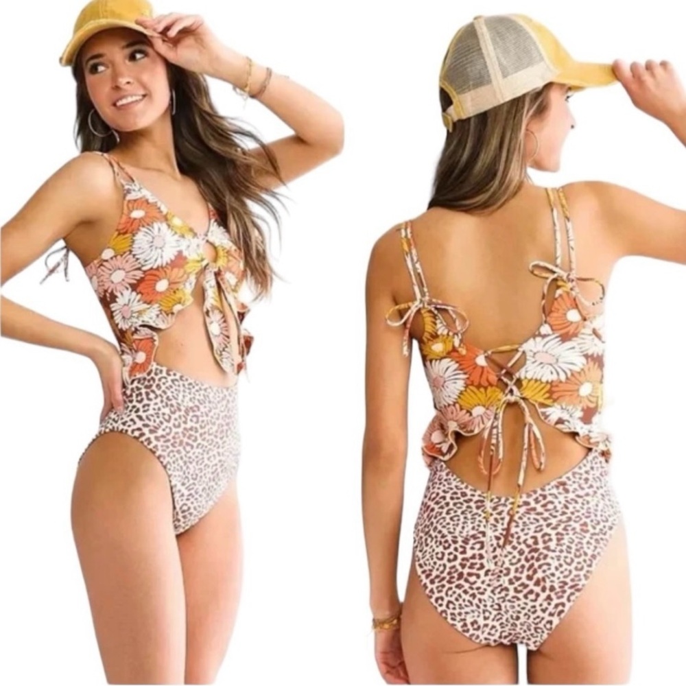 Floral and Leopard Print Swimsuit